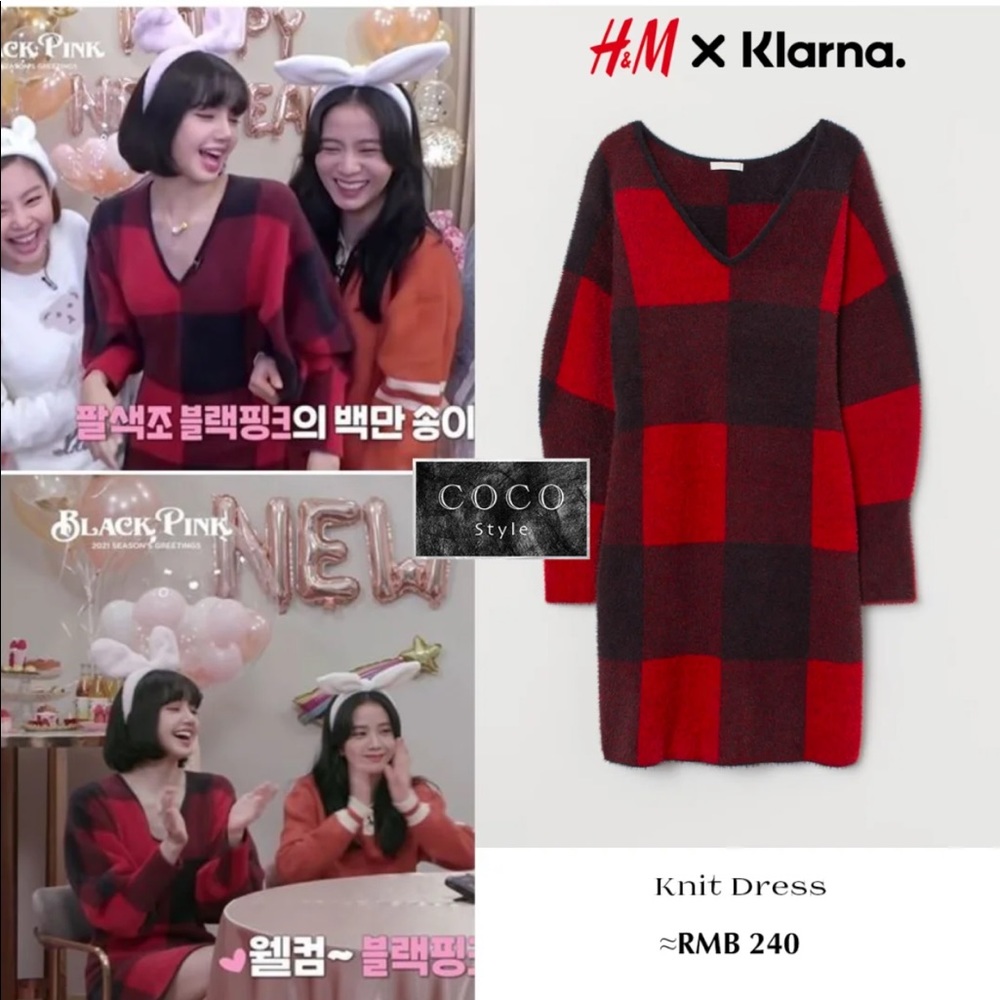H&M X klarna RED BLAck Plaid knit Dress